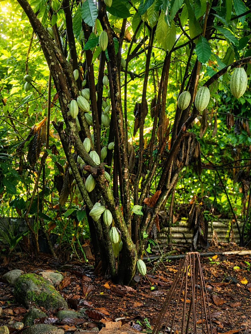 Pé de cacau carregado de frutos verdes, no meio da mata