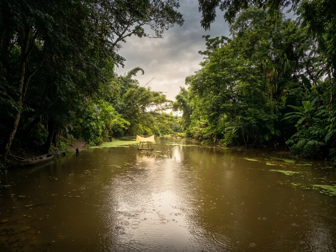 O rio calmo cercado de mata, com uma canoa encostada na margem