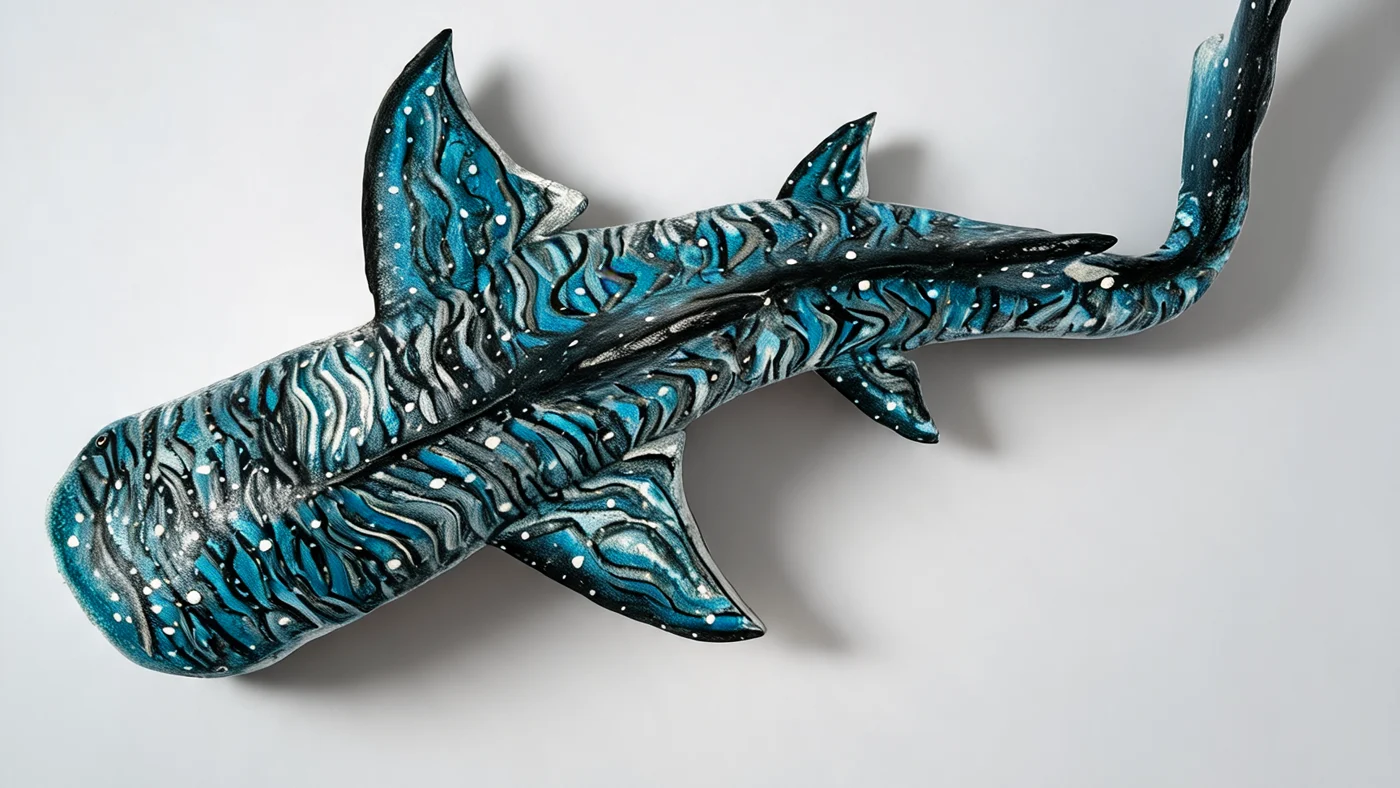 Tubarão de papel machê pintado à mão em azul e preto